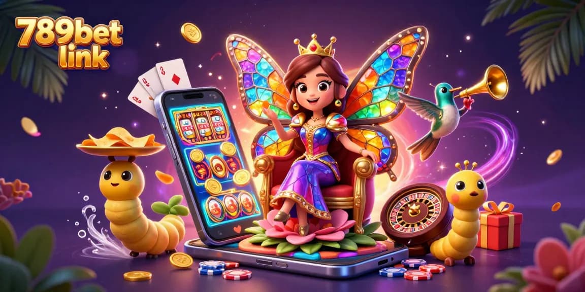Engage with the 789bet link in an animated casino world featuring a butterfly queen and gaming excitement.