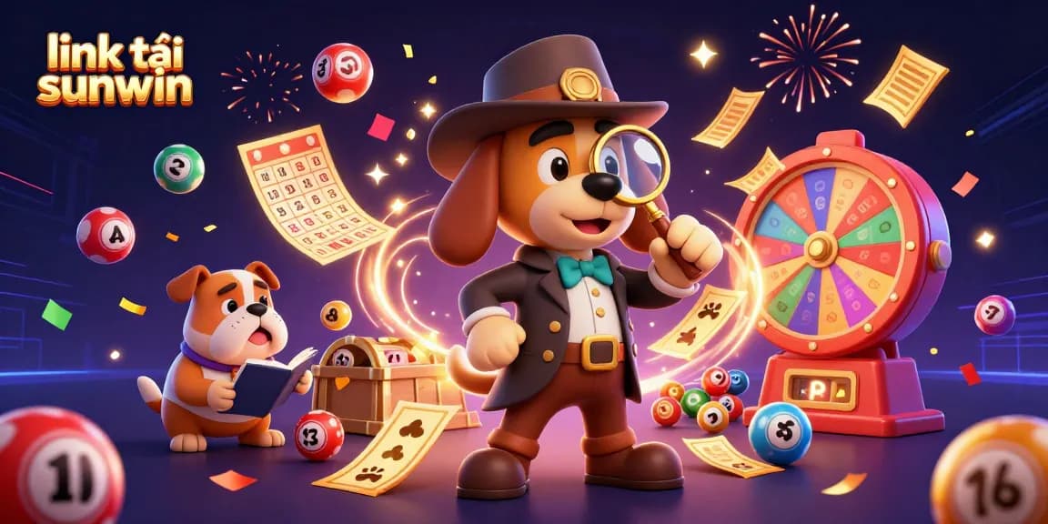 Engage in thrilling action with link tải sunwin, as colorful lottery balls and exciting casino elements surround dynamic characters in a vibrant setting.