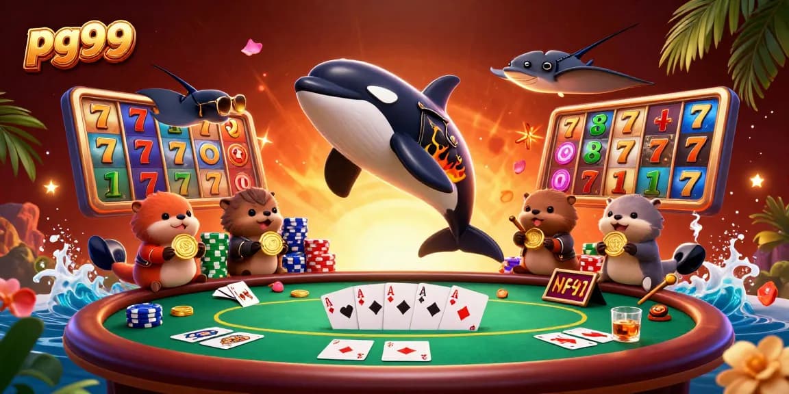 Experience thrilling entertainment at pg99 with an orca in a biker jacket jumping amidst vibrant slot reels.