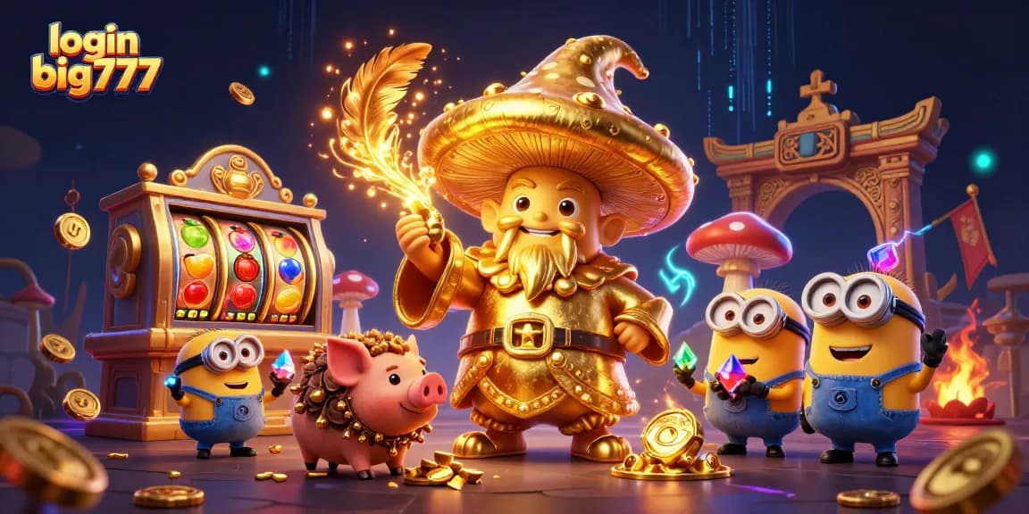 Win big with the magical login big777 as the golden wizard and treasure-hunting pig gather jackpots.