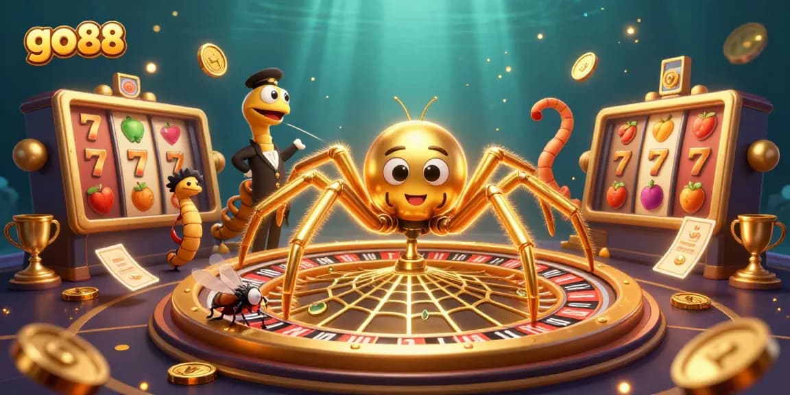 Experience the excitement of go 88 with a golden spider, roulette wheel, and dynamic slots in this vibrant casino scene.