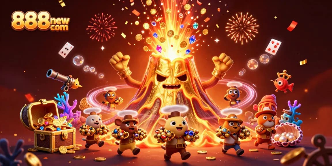 Witness the playful scene of treasure and excitement at 888new com's vibrant casino adventure.