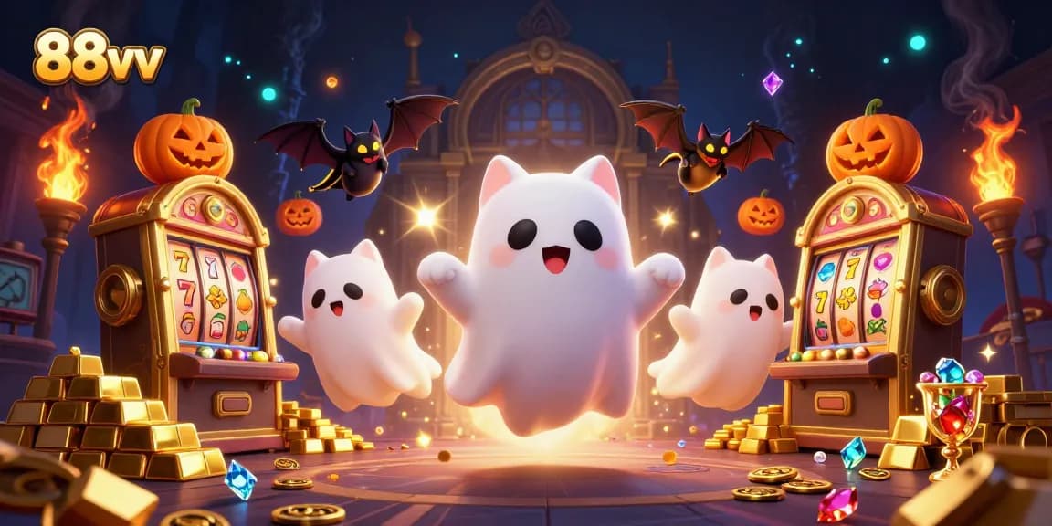 Engage with 88vv's magical casino mansion showcasing ghost cats and treasure in a vibrant scene.