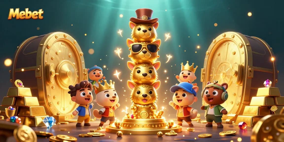 Mebet showcases vibrant gaming elements amidst a dynamic totem pole and treasures.