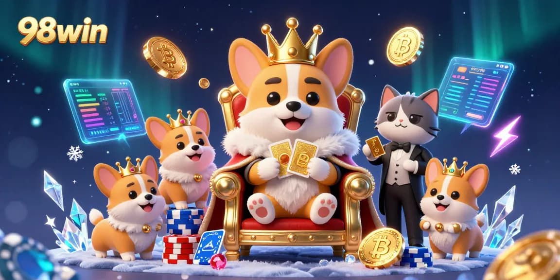 Engage with exciting games at 98win, where the royal corgi reigns on a throne of poker chips.