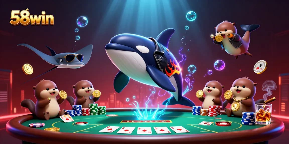 Experience thrilling gaming adventures at 58win with vibrant characters surrounding a poker table.
