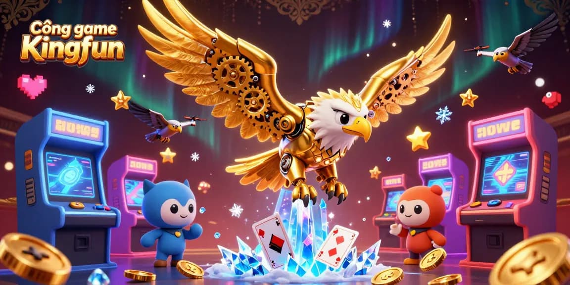 Cổng game Kingfun features a dynamic 3D cybernetic golden eagle diving through holographic cards amidst vibrant gaming elements and casino gold.
