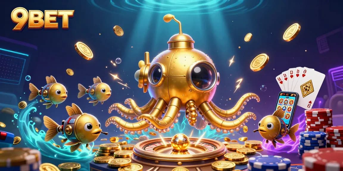 Experience thrilling casino action with 9BET in a vibrant underwater scene filled with golden coins.
