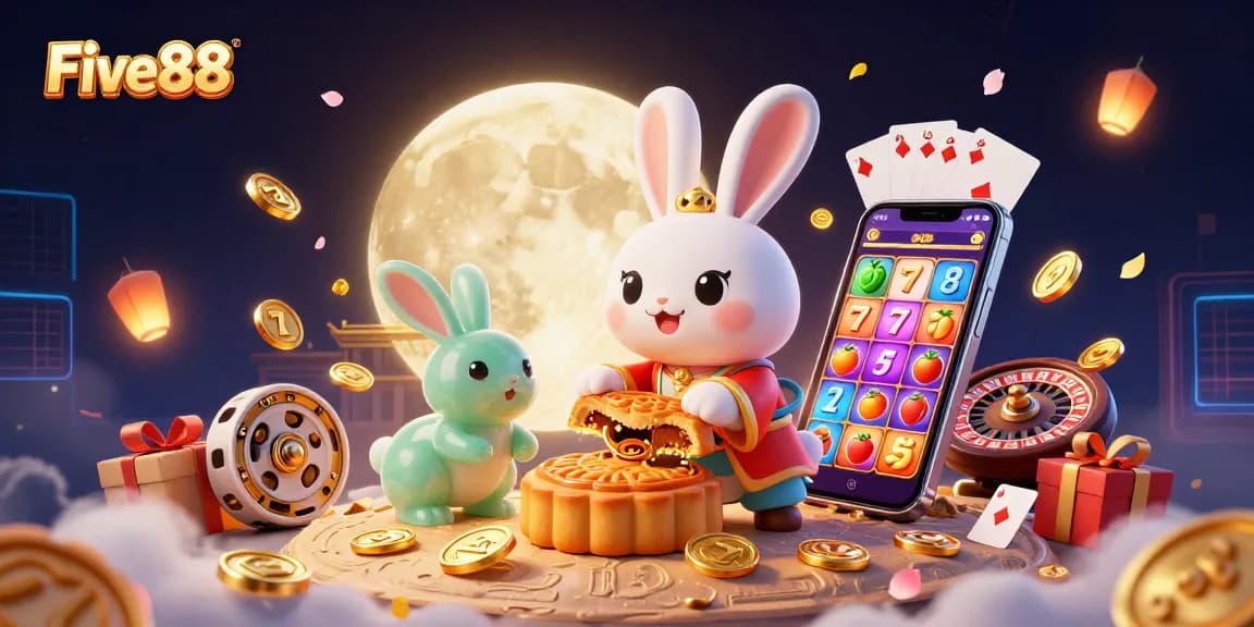 Experience the excitement of Five88 with a vibrant 3D scene featuring an enchanting moon rabbit and casino elements.