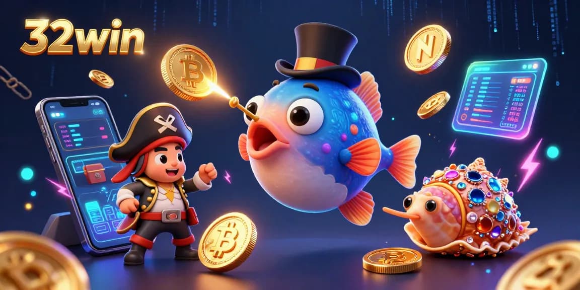Join the excitement of 32win as the anglerfish lures golden coins with crypto themes in a vibrant underwater scene.