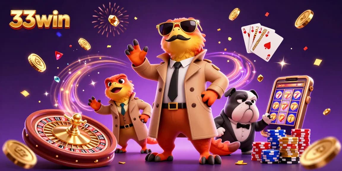 Experience the dynamic excitement of 33win with vibrant gaming elements and cartoon raptors at a VIP casino.