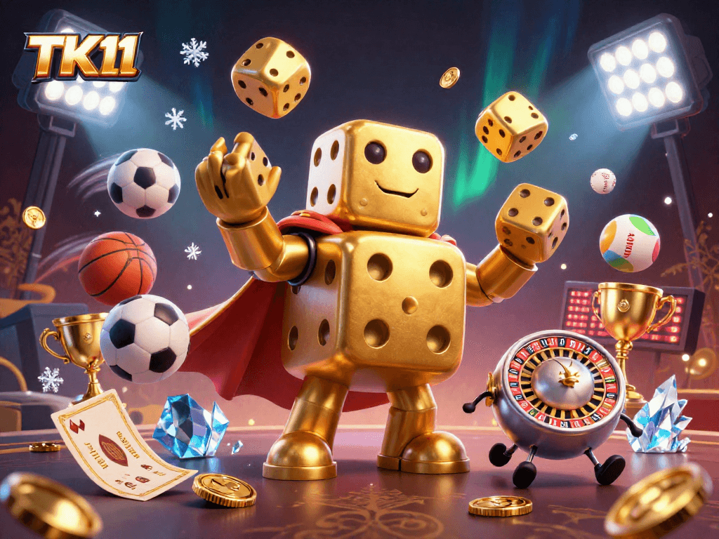 TK11 rolls the dice in a lively casino scene, showcasing sports betting excitement and vibrant graphics.