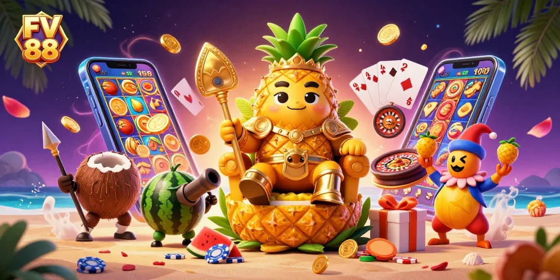 Experience the thrill of FV 88 with a vibrant casino scene featuring a golden pineapple king and dynamic game elements.