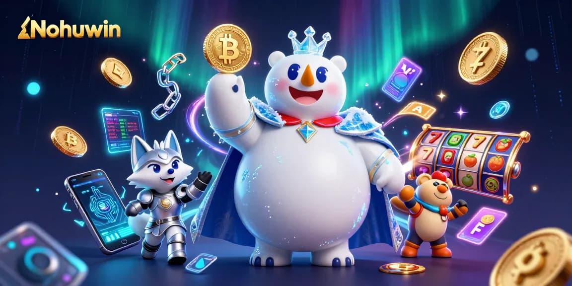 Nohuwin enhances your gaming with vibrant slot reels and crypto themes in a dynamic casino scene.