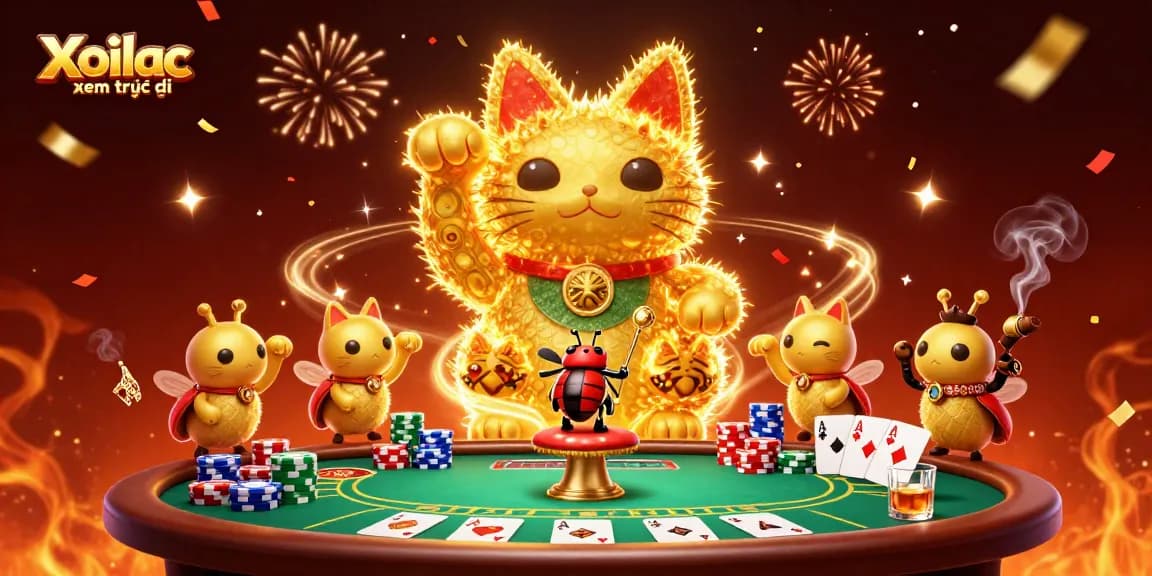 Xoilac xem trực tiếp showcases vibrant casino elements with a golden lucky cat and conductor for live sports streaming.
