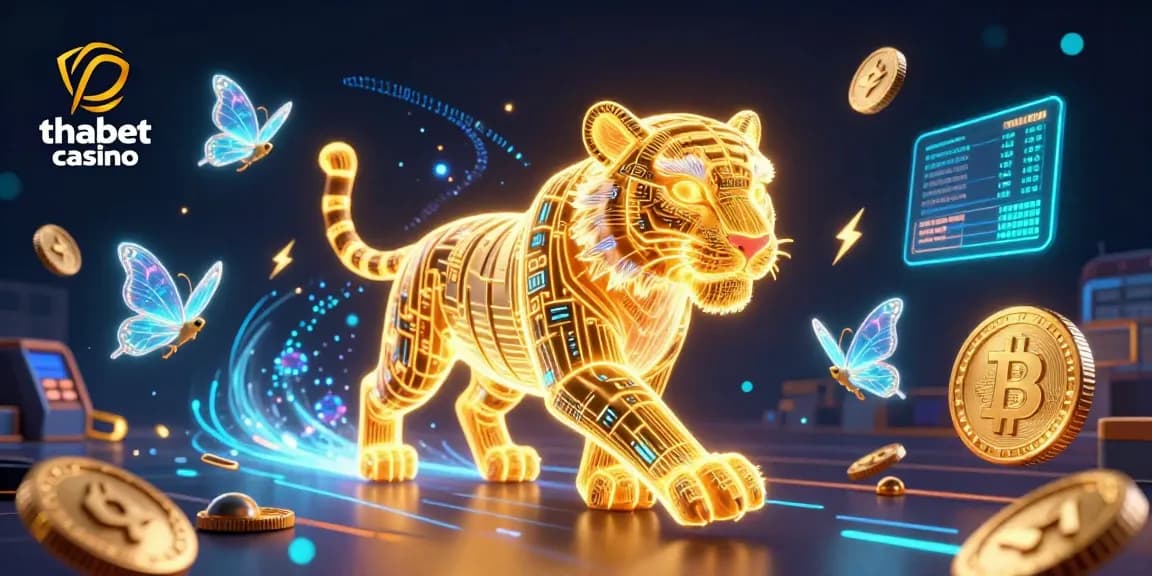 Engage with thabet casino in this vivid 3D cartoon scene displaying a golden tiger and holographic butterflies amidst digital gaming elements.