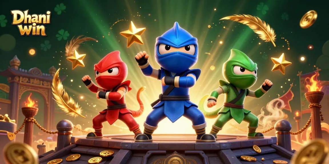 Dhani win game features a dynamic 3D scene with ninja chameleons and vibrant gambling elements.