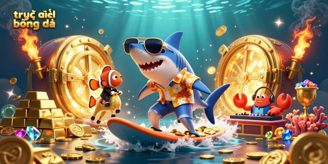 Stream live bóng đá with a fun underwater scene featuring a shark and gold coins.