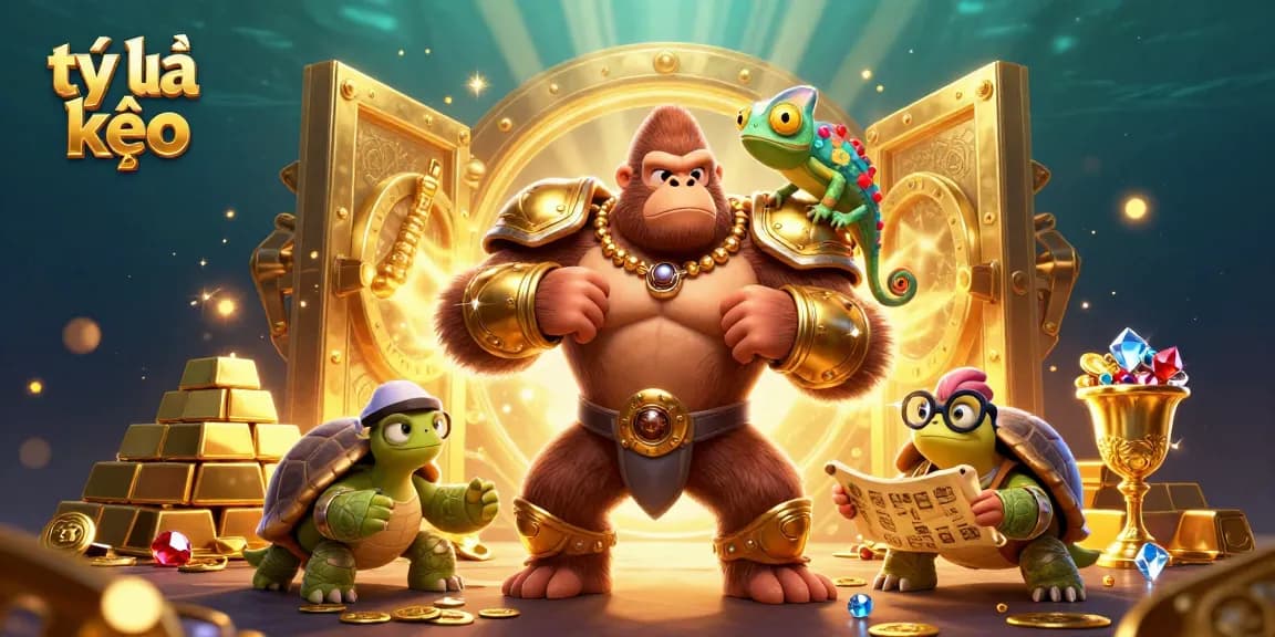 Engage with tỷ lệ kèo in vibrant 3D casino illustration featuring a powerful gorilla and a tortoise elder.