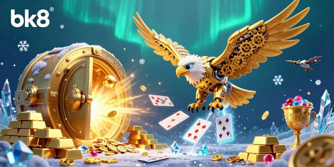bk8 showcases a vibrant 3D casino scene where a golden eagle dives among holographic cards and treasures.