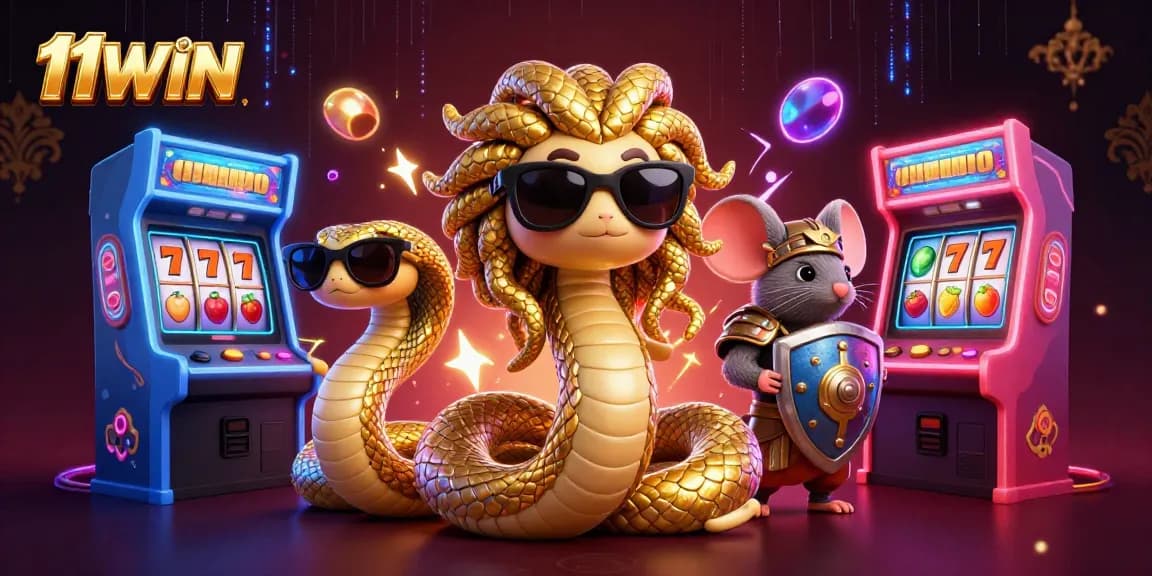 Experience the vibrant action of 11WIN casino featuring Medusa and a warrior mouse amidst slot machines.
