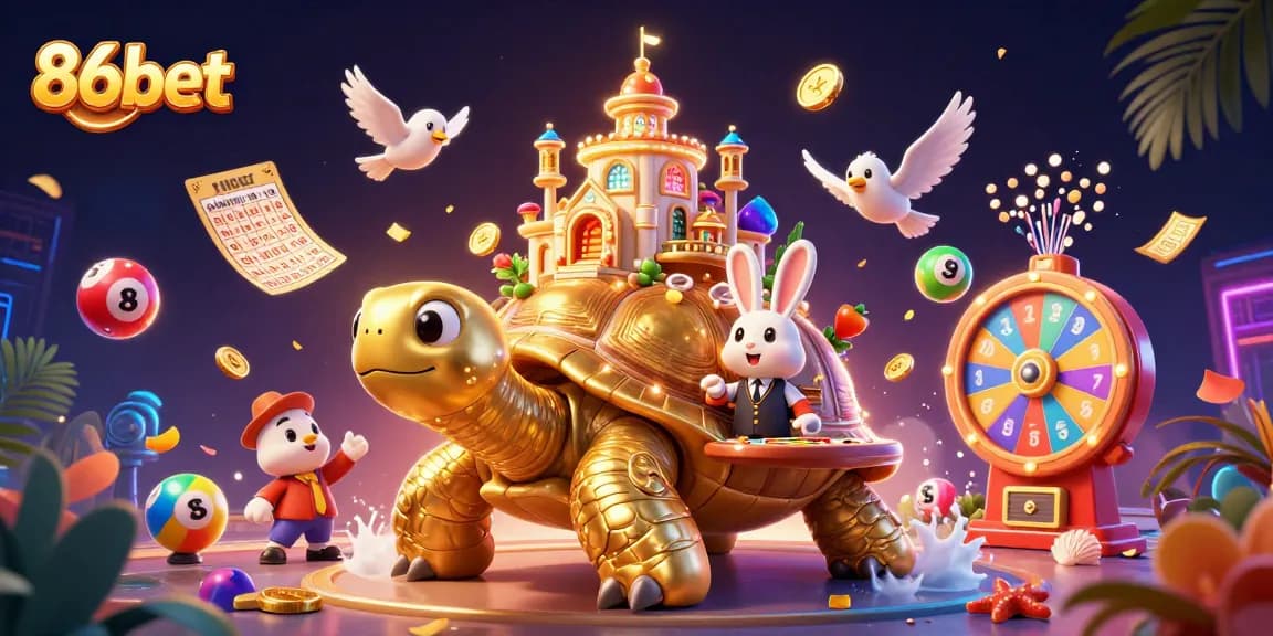 Experience the excitement of 86bet with a vibrant casino scene featuring a golden tortoise and colorful lottery elements.