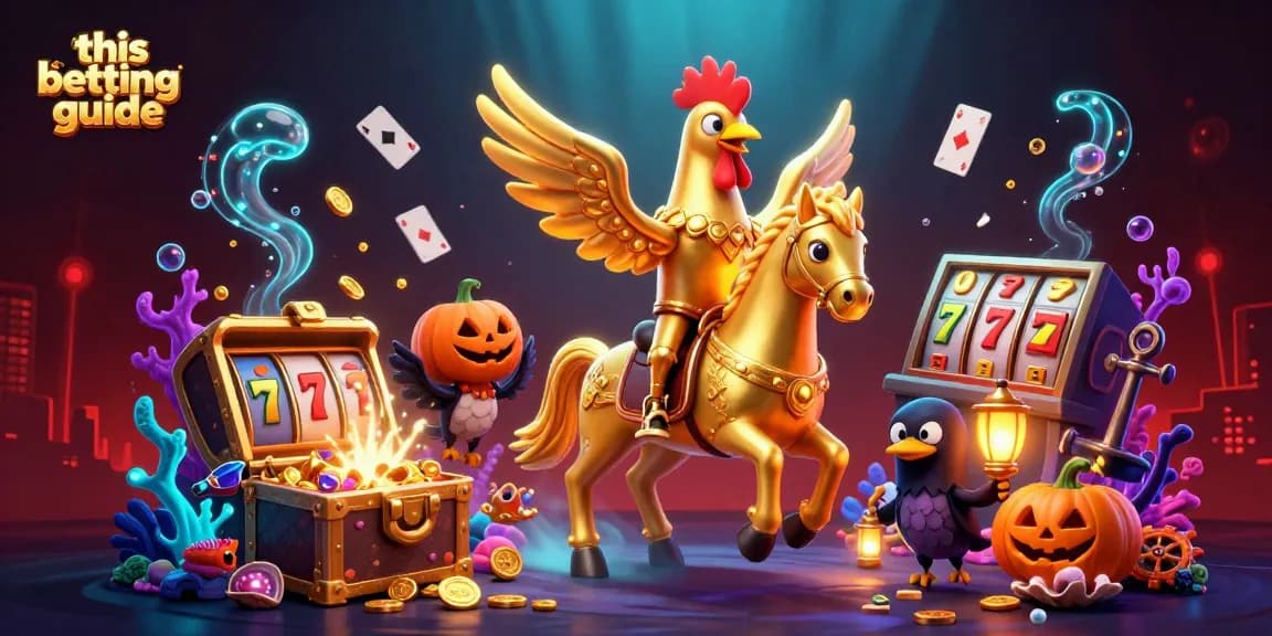 This betting guide showcases an energetic midnight casino scene with a golden rooster and spooky companions amidst rich slot elements.