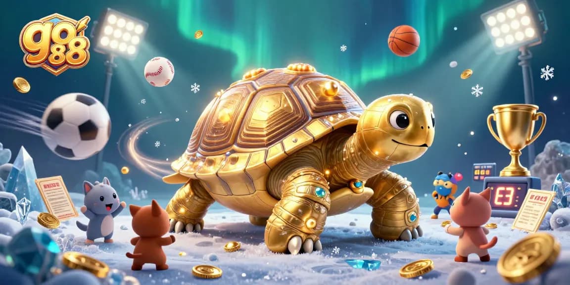 Experience the excitement with go 88 at the vibrant casino featuring a colossal tortoise pinball machine surrounded by dynamic sports elements.