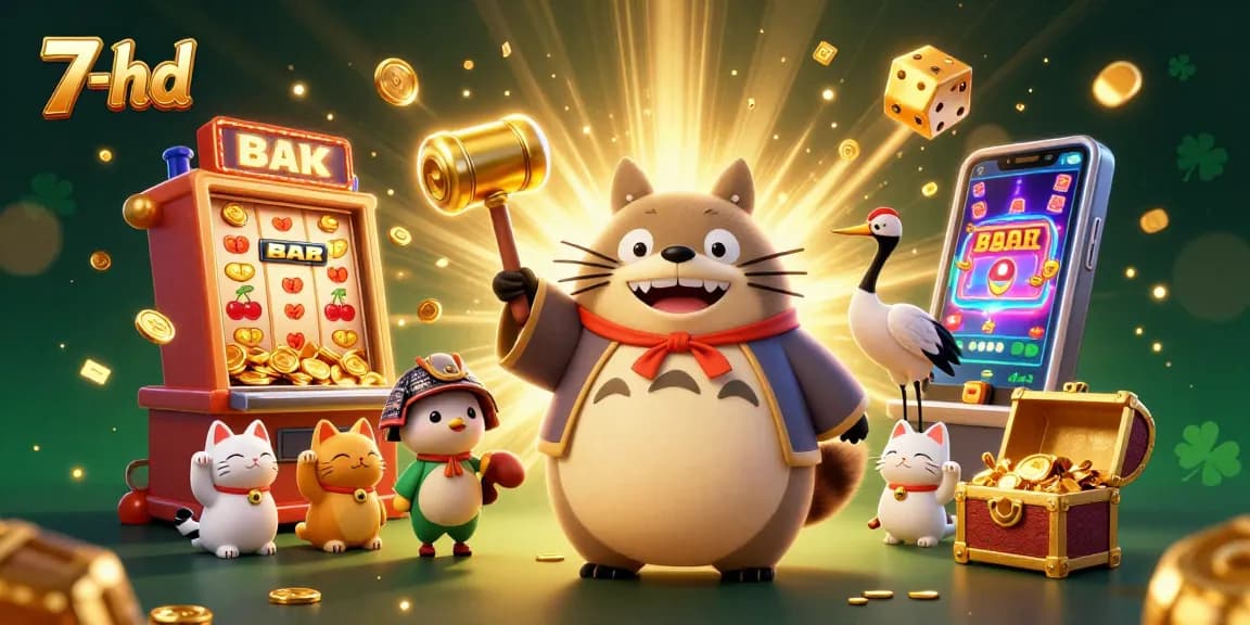 Capture the excitement of gambling with 7-hd's cheerful tanuki and lucky symbols bursting with energy and gold coins.