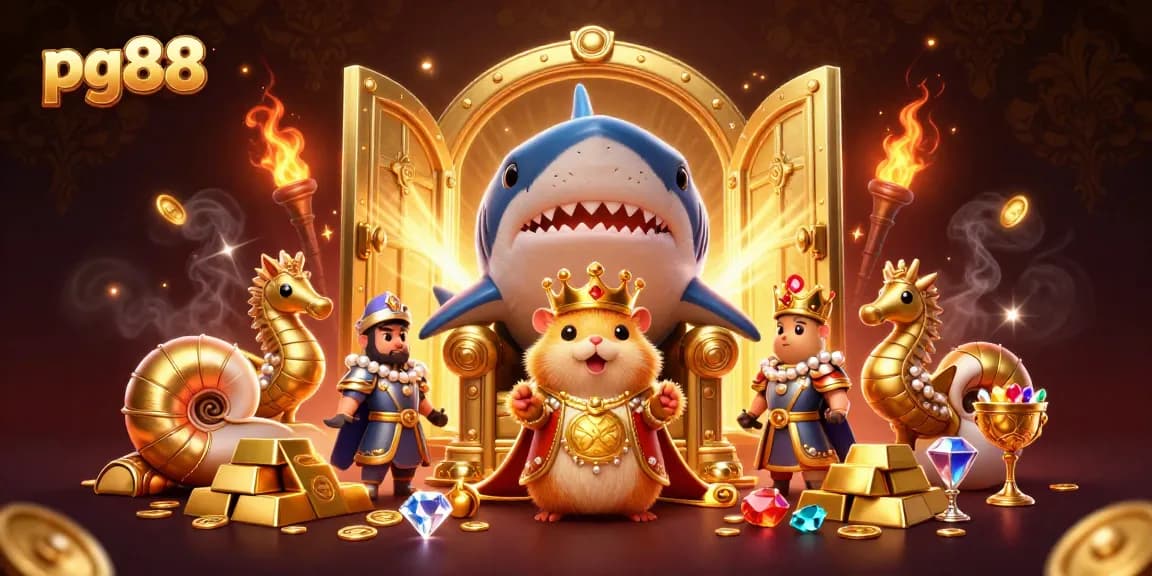 Engage with pg88's vibrant casino world, featuring a golden hamster king and treasures galore.