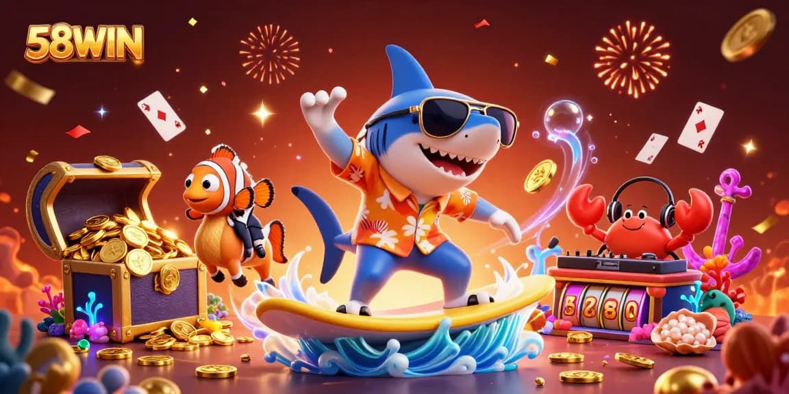 Experience thrilling gameplay with 58WIN's vibrant underwater casino scene filled with gold coins and treasures.