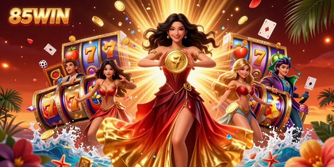 Experience exciting wins with 85WIN as you engage with dynamic slot reels and shimmering gold coins.