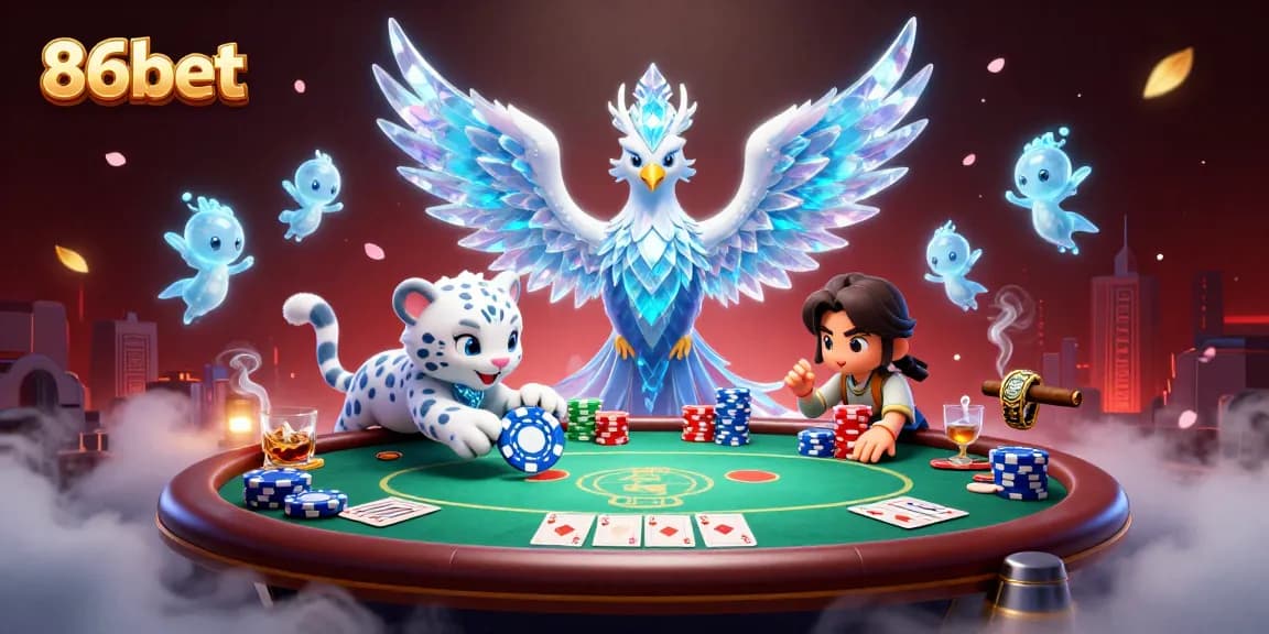 Experience thrilling gameplay at 86bet with a captivating ice phoenix and poker excitement.