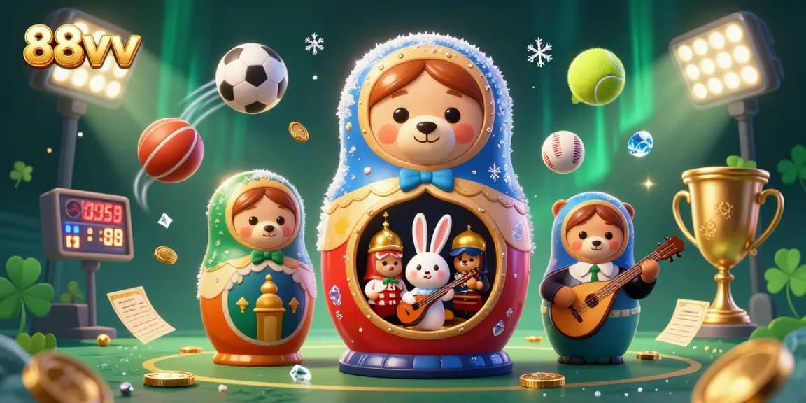 Engage with 88vv's vibrant casino scene featuring animated characters, dynamic sports elements, and a festive atmosphere.