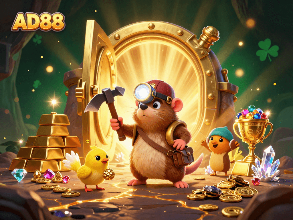 Experience winning strategies at AD88 in an ultra-detailed treasure hunting scene filled with gems and gold.