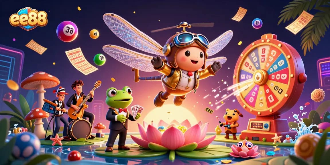 Play games at ee88 with 3D casino characters and vibrant lottery elements in a lively scene.