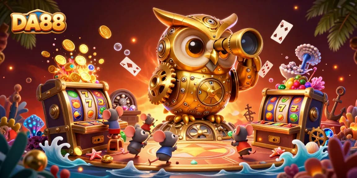 Spin the reels with DA88's engaging casino scene featuring a dynamic golden owl overseeing slot machines and lively patrons.