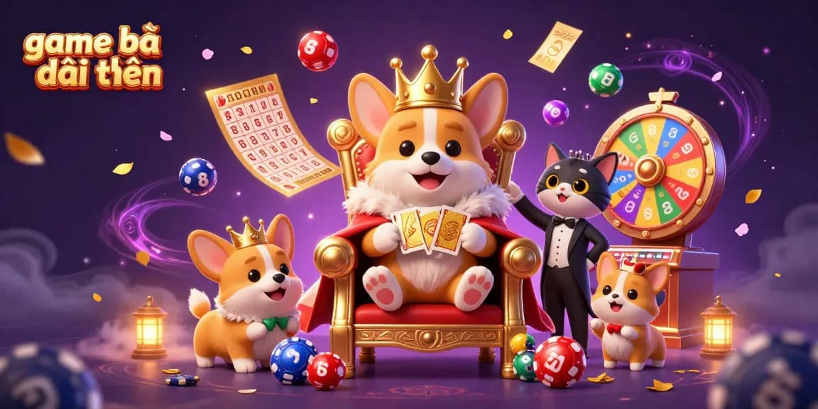 Engage in game bài đổi thưởng with a lively scene of a royal corgi on a throne amid vibrant casino elements.