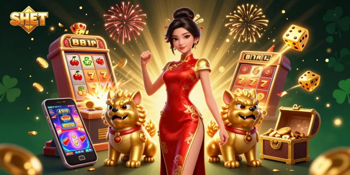 Experience big wins at SH BET with a glamorous Asian woman and slot machines in a dazzling casino scene.