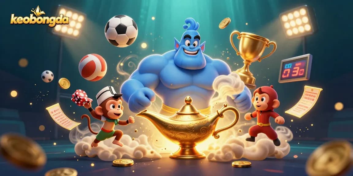 Experience the excitement of keobongda with a vibrant 3D scene of sports betting elements and a magical genie.