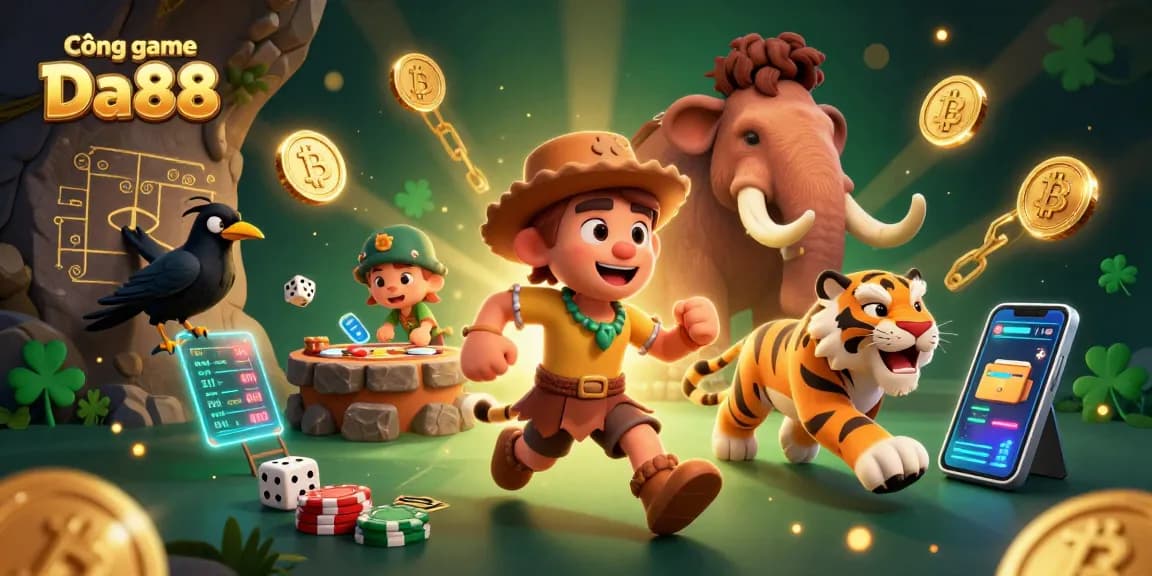 Cổng game Da88 showcases a vibrant 3D casino scene featuring engaging characters, crypto elements and dynamic game imagery.