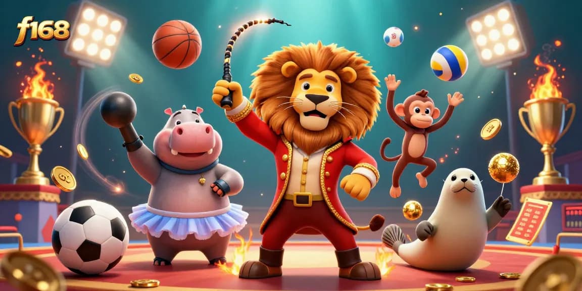 Experience thrilling action at f168 with lively casino characters amid dynamic sports elements and golden highlights.
