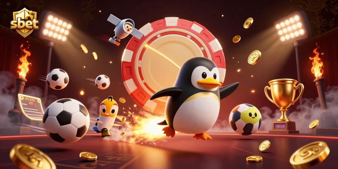 Betting on sh bet features a penguin in casino space surrounded by dynamic sports elements.