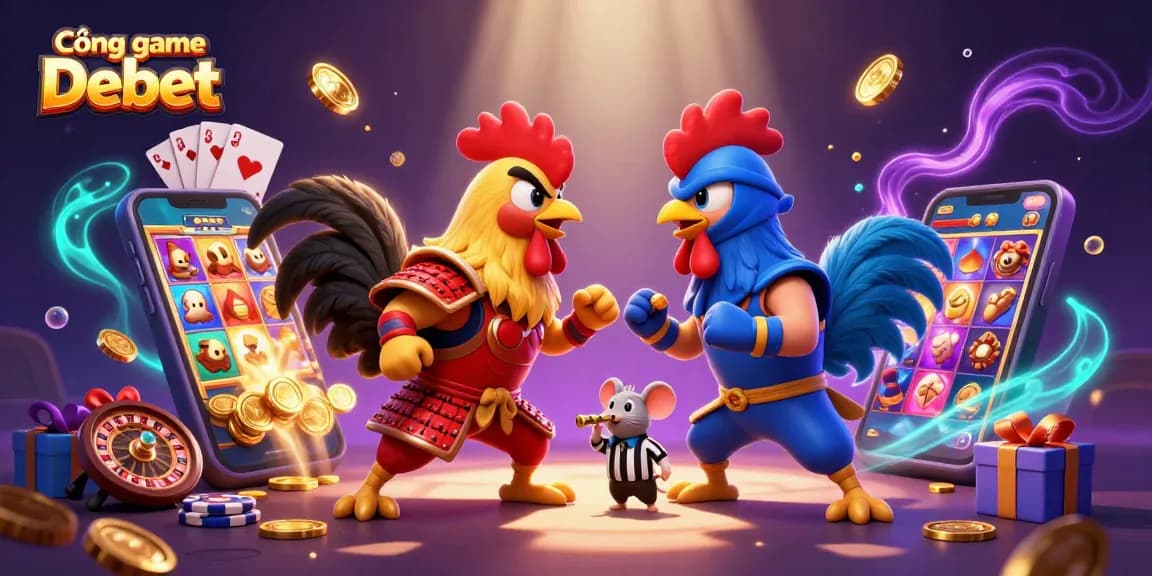 Engage with thrilling action at Cổng game Debet featuring roosters in combat amidst casino elements.