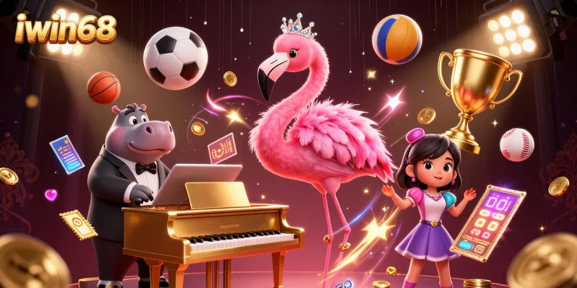 Join the exciting action at iwin68 with a vibrant casino scene featuring a singing flamingo and jazz hippo.