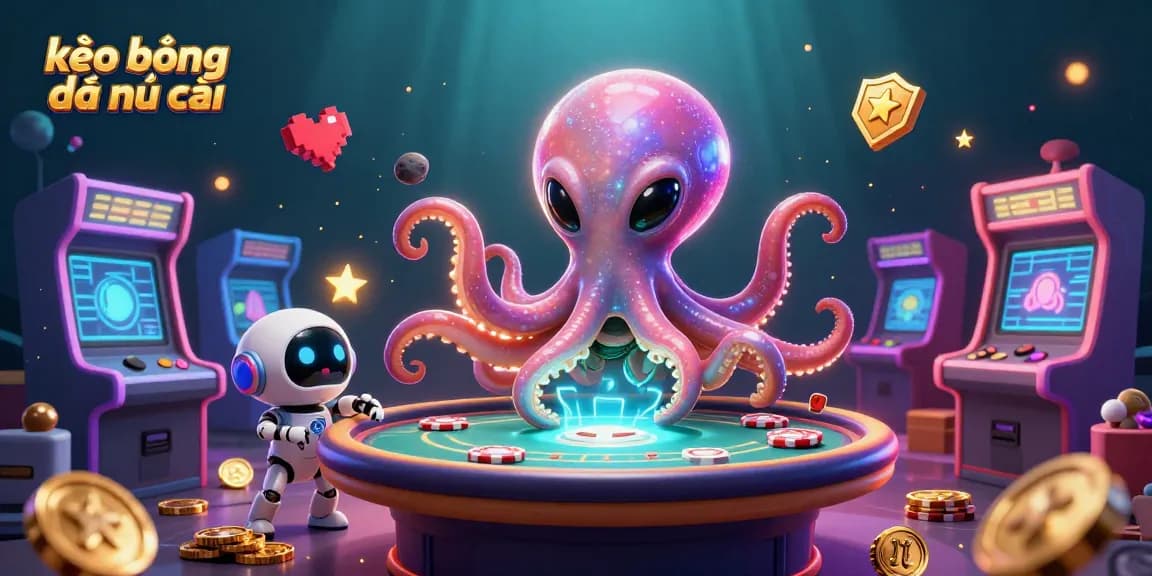 Bet on kèo bóng đá nhà cái with an illustrated alien octopus at a poker table in vibrant casino style.
