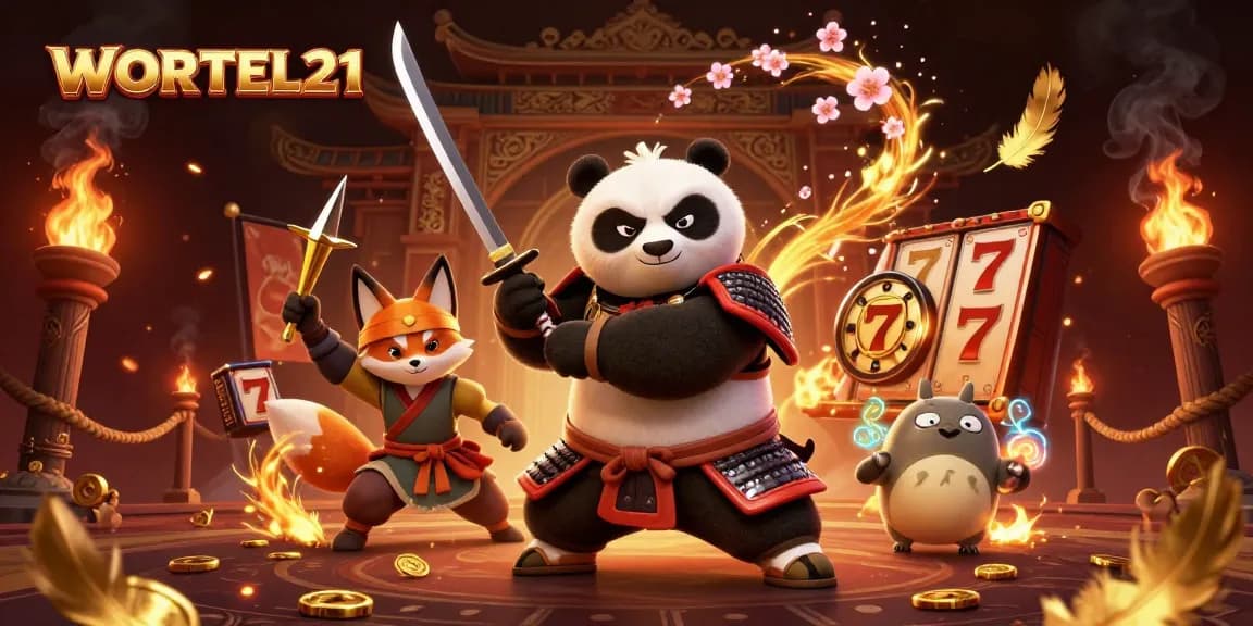 WORTEL21 casino scene with samurai panda, ninja fox, and spirit tanuki showcasing slot excitement
