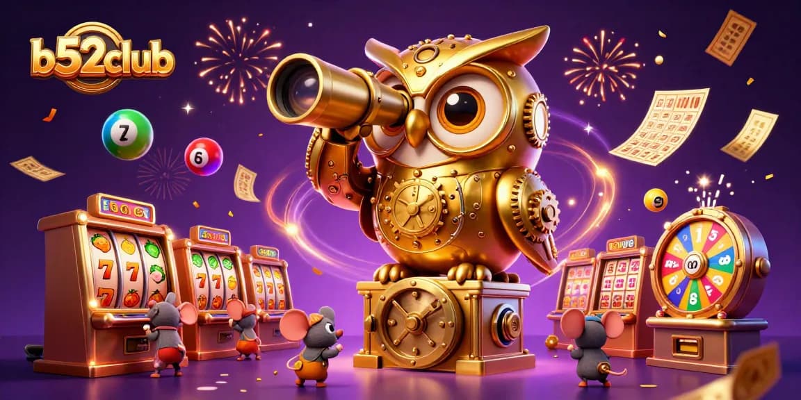 Engage with b52club's exciting slot games through a vibrant casino scene featuring lucky symbols and dynamic elements.