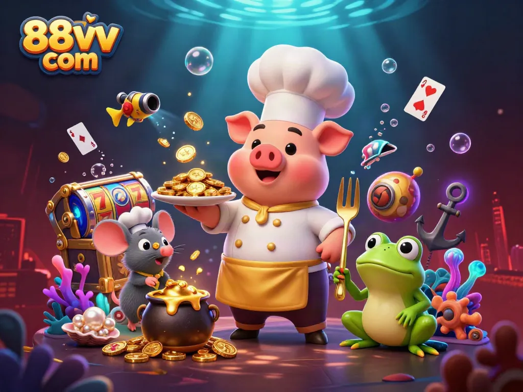 Engage with 88vv com as a cheerful chef pig serves gold coins amidst vibrant casino elements.