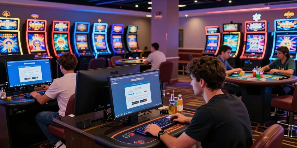 Exciting environment at the best credit card casinos with players engaged in gaming and transactions.